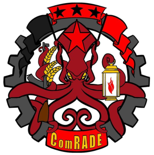 "Comrade Squid" color logo with a squid holding a lamp, red and black stars and flags and a large cog in the background