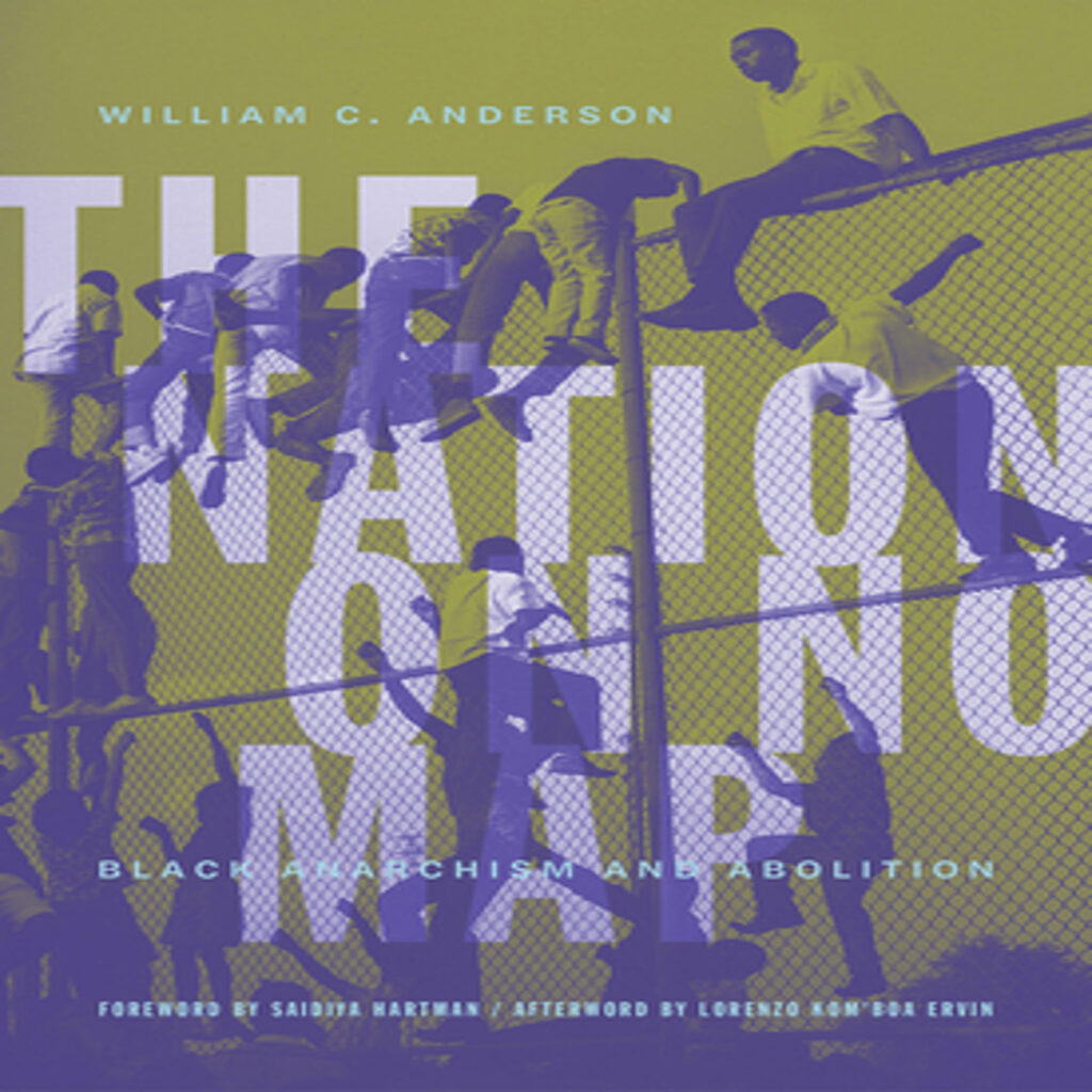 Book cover of "The Nation On No Map" book, featuring people scaling a fence