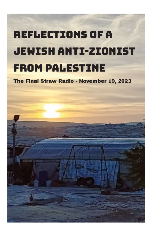 zine cover of our interview "Jewish Anti-Zionist from Palestine | The Final Straw Radio * November 19, 2023" featuring the sun low over a Palestinian landscape