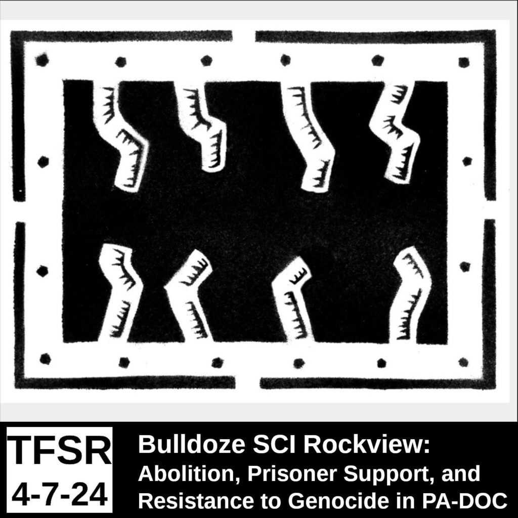 Black and white cartoon of a grill with prison bars at bent and torn