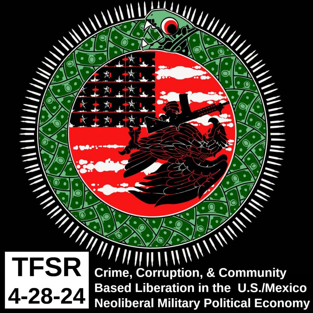 Book cover of the "Weapons, Drugs and Money" featuring a snake eating it's own tail, ringed by bullets encircling a US flag made of lines of cocaine and razors with a dead eagle clutching an assault rifle