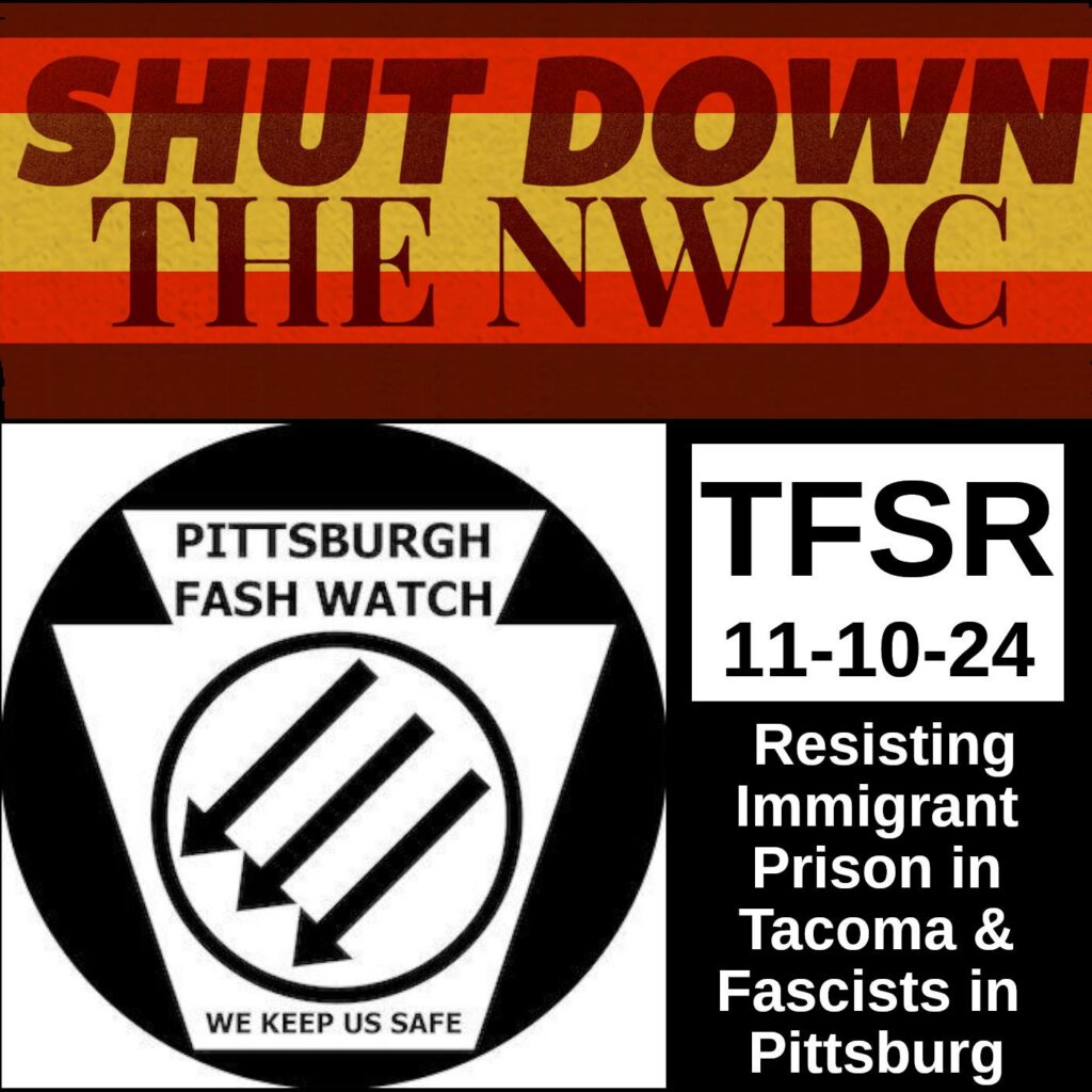 Burgundy, yellow and red banner with the words "Shut Down The NWDC", the logo for Pittsburgh Fash Watch featuring the keystone shape of PA plus the three Iron Front arrows in a circle and "We Keep Us Safe"