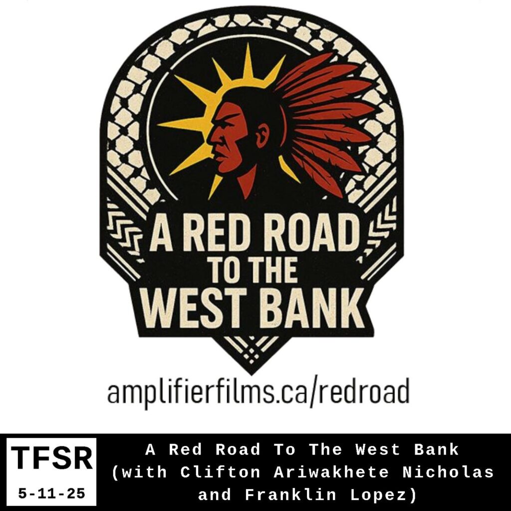 logo for "A Red Road To The West Bank" featuring Mohawk Warrior Society logo (with an indigenous person wearing a feather headdress looking West with a blossoming sun behind, nestled in a black and white keffiyeh"