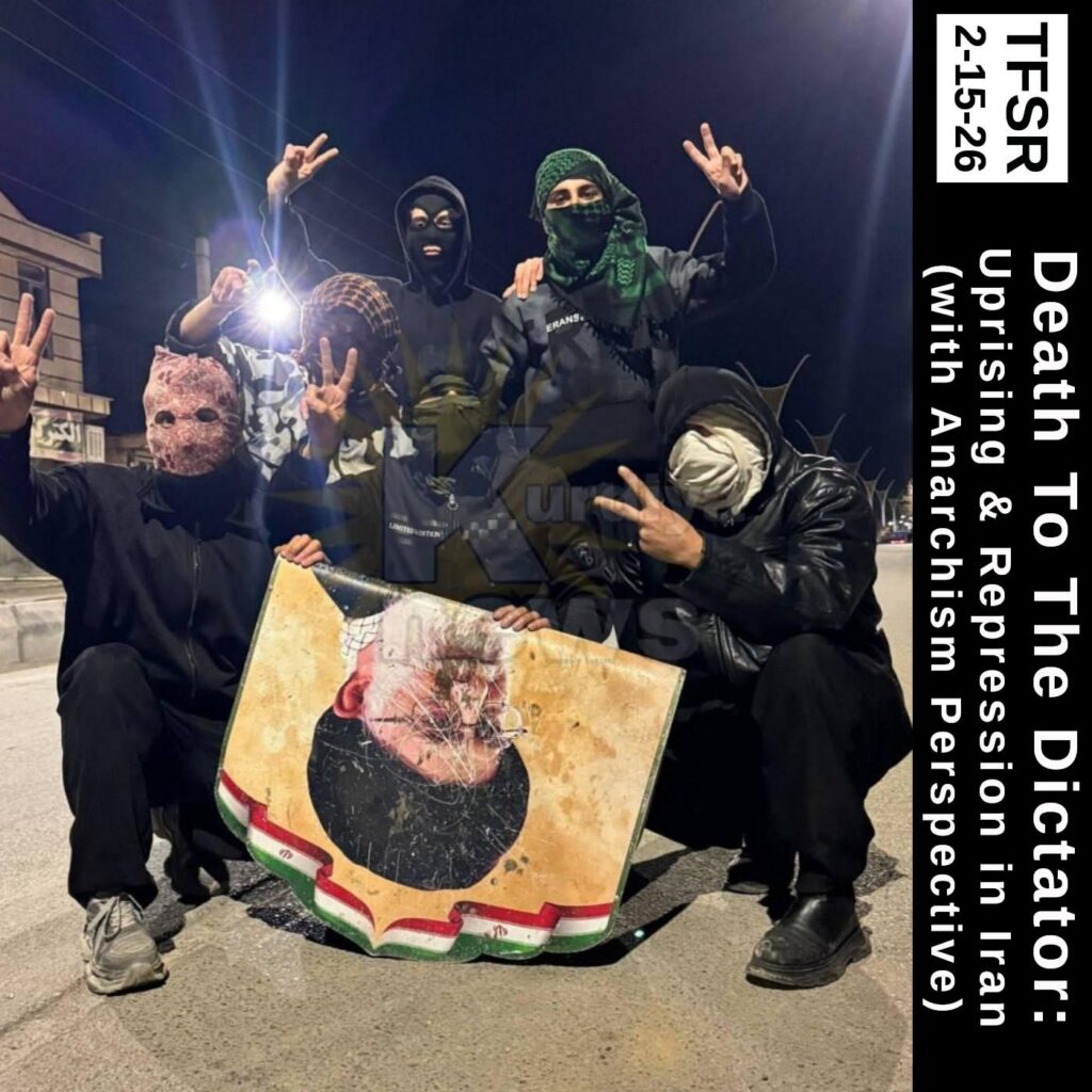 "Death To The Dictator: Uprising & Repression in Iran (with Anarchism Perspective" and a small picture of masked people posing with a torn-down poster of Khamenei