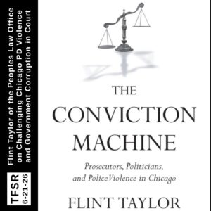 book cover of "The Conviction Machine" featuring a black and white image of a justice scale tilted to one side